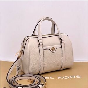 Michael Kors Travel Small Duffle Leather Crossbody Light Cream